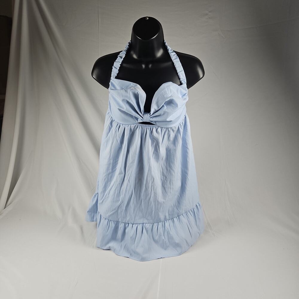 Women's Halter Mini Dress Light Blue Ruffle Hem Backless Size Small